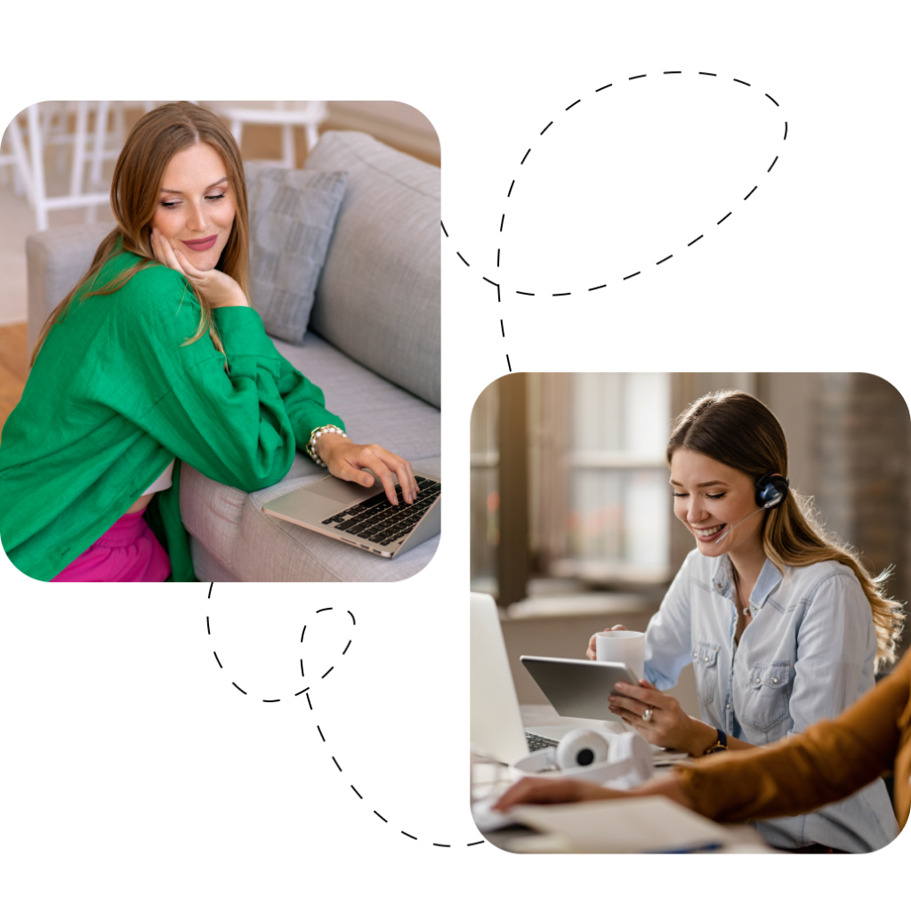 A woman in a bright green top and pink pants working on a laptop while sitting on a modern gray sofa, smiling and looking away in a cozy, relaxed home setting.